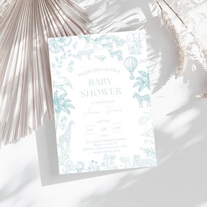 Convite para chá de bebê Safari Blue Toile De Jouy editável, convite para chá de bebê Safari, convite para chá de bebê, modelo editável, BSI127