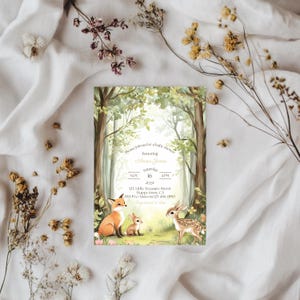 Invitation de fête de naissance d'animaux de la forêt | Invitation rustique de fête de naissance neutre | Faire-part imprimable sur le thème de la nature automnale, BSI152