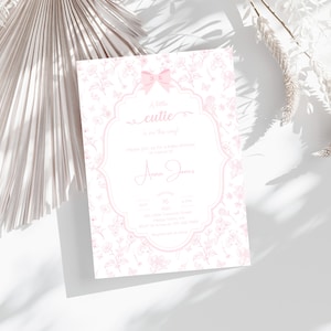 Invitación de baby shower rosa Toile De Jouy, invitación de oso de peluche, invitación de baby shower vintage chinoiserie, plantilla editable, imprimible, BSI107