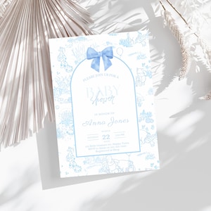 Invitation de baby shower bleu toile de jouy winnie l'ourson, invitation toile de jouy, invitation de baby shower winnie l'ourson, modèle modifiable, 188