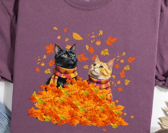 Fall Cats Shirt, Autumn Leaves, Cat Mom Tee