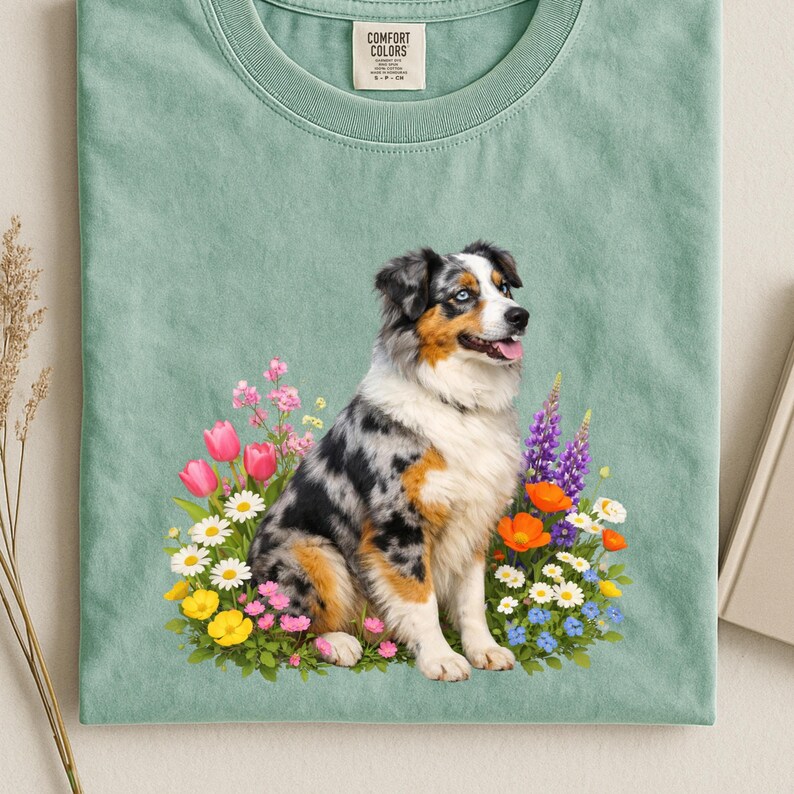 Blue Merle Aussie Shepherd Floral Watercolor Tee Shirt, Dog Lover ...