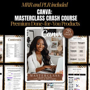 May include: A digital product cover featuring a woman using a laptop with the text "Canva: Masterclass Crash Course for Free & Pro Users" and "28 Pages". The cover also includes a table of contents and sample pages from the course.