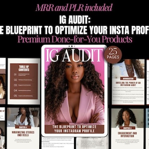 May include: A pink and white digital product cover with the text "IG AUDIT: THE BLUEPRINT TO OPTIMIZE YOUR INSTA PROFILE" and "Premium Done-for-You Products". The cover also features a woman with dark brown hair and a pink top.