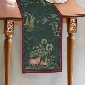 Traditional Green Handmade Print Table Runner | Velvet Linen Indian Table Linen | Washable Dining Table Runner for Home, Parties & Weddings