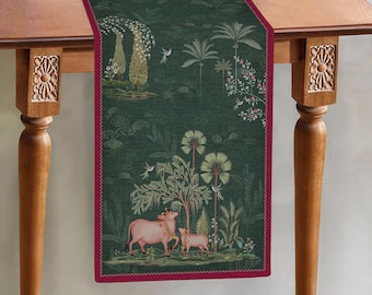 Caminho de mesa tradicional verde com estampa artesanal | Toalha de mesa indiana de veludo e linho | Caminho de mesa de jantar lavável para casa, festas e casamentos