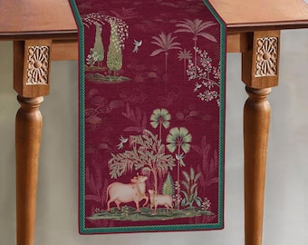 Oriental Floral Table Runner with Piping, Retro Fall Table Decor, Custom Dining Table Centerpiece for Thanksgiving or Holiday Banquet.