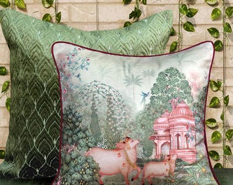 Indian Pichwai Floral Velvet Cushion Cover: Hamptons Style Pillow Sham