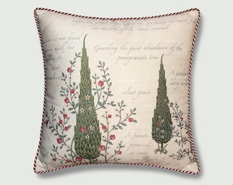 Attached Cushion Pillow , Cypress Botanical Poetry - Ticking Stripe Trim - 16x16 18x18 20x20 Square Accent - Vintage Cottagecore Decor