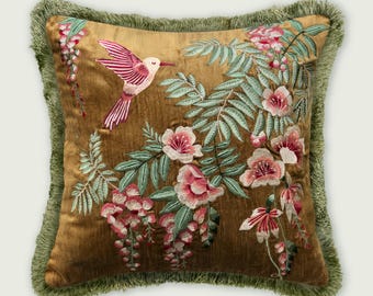 Velvet Pillow Cover Luxury Floral Embroidered Hummingbird Bird Botanical Design Accent Elegant Home Bedroom Decorative Piece Cushion Square