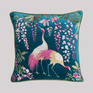 Luxury Teal Velvet Cushion Embroidered Crane Design Botanical Wisteria Motif Handcrafted Home Accessory Premium Designer Collection Piece