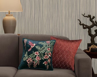 Hummingbird Velvet Pillow Cover, Embroidered Floral Cushion, Botanical Accent Pillow, Luxury Cottagecore Decor, Bird Throw Pillow