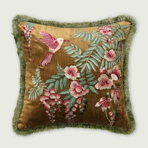 Botanical Hummingbird Pillow Velvet Embroidered Cushion Nature Inspired Design Floral Pattern Artwork Silk Thread Detailing Premium Home Accent Living Room Decoration Sofa Styling Element Bedroom Luxury Accessory Handmade Artisan Quality