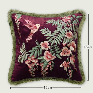 Botanical Beauty: Hand Embroidered Velvet Pillow featuring Silk Thread Floral Motif - Stylish Home Decor Cushion Living Room Sofa image 7