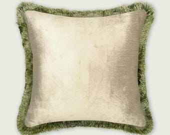 Beige Velvet Cushion Cover with Fringe | Designer Decorative Pillow, Modern Home Decor