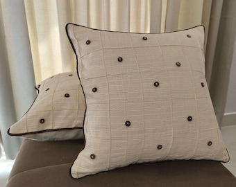 Handmade Farmhouse Pillow Cover, Embroidered Button Cushion, 18x18