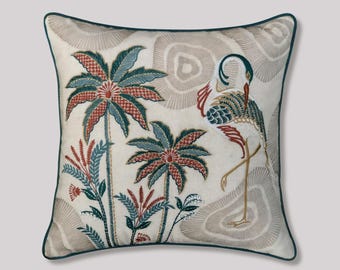 Luxury 18x18 Hand-Embroidered Crane Cushion Cover- Textured French Knot Artisan Pillow - Chinoiserie & Japandi Home Decor, living room decor