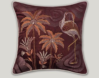 Embroidered Velvet Pillow Cover, Burgundy Throw Pillow, Crane Cushion Cover, Tropical Palm Tree Accent Pillow, Luxury Home Decor