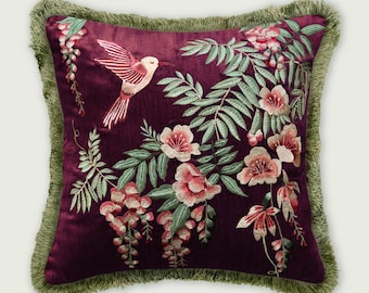 Botanical Beauty: Hand Embroidered Velvet Pillow featuring Silk Thread Floral Motif - Stylish Home Decor Cushion Living Room Sofa