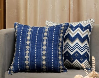 Indigo Blue Cushion Cover, Striped Throw Pillow, Floral Printed Pillow Cover, 18x18 Sofa Couch Pillow, Boho Home Decor, Cotton Cushion Cover