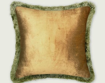 Mustard Velvet Throw Pillow Cover, Cotton Velvet Fringe Cushion, Gold Trim