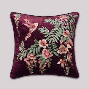Hummingbird Motif Pillow Embroidered Floral Design Velvet Luxury Cushion Botanical Pattern Artwork Silk Thread Details Teal Forest Green Wine Golden Options Premium Home Accent Living Room Decoration Sofa Styling Element Bedroom Decor