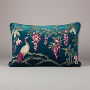 Teal Embroidered Lumbar Pillow Cover, Silk Crane Bird, Floral Accent Pillow 14x20