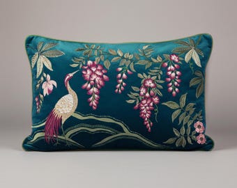 Teal Embroidered Lumbar Pillow Cover, Silk Crane Bird, Floral Accent Pillow 14x20