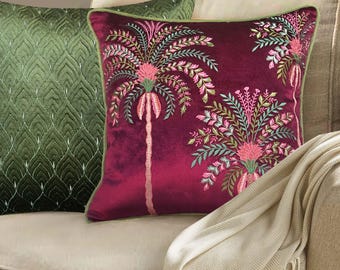 Tropical Pillow Cover Luxury Bedroom Decorative Sofa Accent Cushion Case Handmade Zipper Design Palm Embroidered Velvet Fabric Teal Pattern