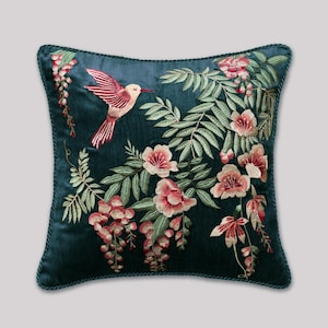 Embroidered Velvet Pillow Luxury Accent Cushion Handcrafted Design Premium Quality Hummingbird Motif Botanical Pattern Silk Thread Embroidery Floral Artwork Bedroom Decor Living Room Accessory Sofa Decoration Designer Home Collection Nature