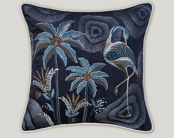 Luxurious Handmade Embroidery Cushion Cover 18x18 Inches – Tropical Crane with Velvet Details, Stylish Home Decor & Gift