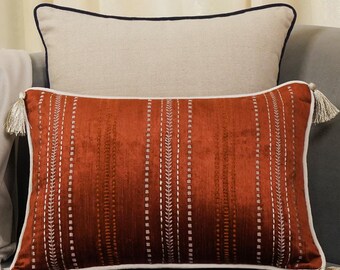 Embroidered Lumbar Pillow Cover: Luxury Tassel Throw Pillow, 14x20