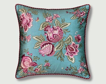 Pomegranate Pillow Cover 18x18 - Botanical Throw Pillow - Aanar Buta Cushion - Aqua & Red Decor - Housewarming Gift