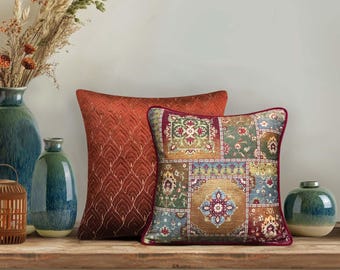 Heritage Medallion Cushion Cover 16x16, Boho Maximalist Decor, Antique Style Throw Pillow, Burnt Orange Scallop Cushion Cover, Ethnic Gift