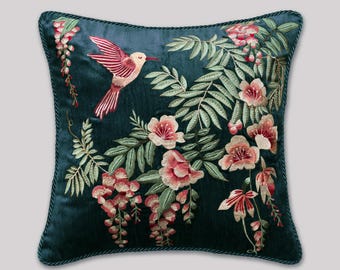 Embroidered Velvet Pillow Luxury Accent Botanical Design Hummingbird Motif Silk Thread Floral Cushion Bedroom Decor Living Room Sofa
