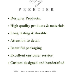 May include: White background with the word "Why" in cursive script above the word "PREETIER" in a serif font. Bullet points list "Designer Products," "High quality products & materials," "Long lasting & durable," and other product features. The text "Be proud. Be preetier" is at the bottom.