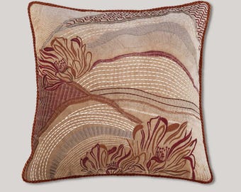 Embroidered Velvet Pillow Cover Handmade Abstract Art Textile Cushion Bohemian Style Living Room Accent Piece Floral Design Beige Color Home