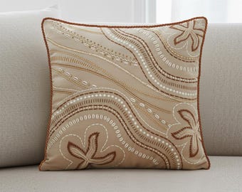 Velvet Pillow Cover Coastal Decor Beach Theme Nautical Cushion Embroidered Starfish Wave Design Living Room Accent Beige Color Ocean