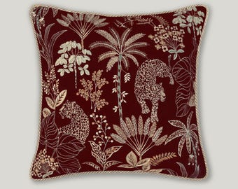 Embroidered Leopard Pillow Cover, Burgundy Velvet Cushion, Jungle Safari Decor, Maximalist Throw Pillow, Botanical Accent Pillow