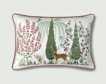 Mughal Garden Lumbar Pillow Cover with Deer & Birds | Maximalist Botanical Velvet Cushion in Tan | Luxury Heritage Decor Gift Nature Lovers