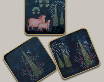 Indian Heritage MDF Wood Coasters: Abstract Art Drink Coasters, Set of 6