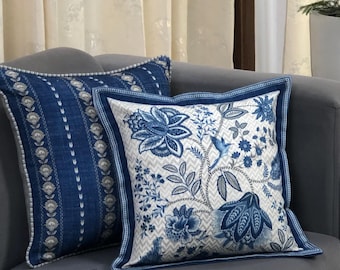 Blue Floral Pillow Cover Jacobean Design Traditional Cushion Navy Accent Bedroom Decorative Case Cotton Washable Zipper Square Throw White