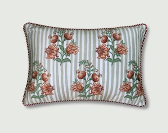 14x20 Lumbar Pillow Cover, Cotton Pomegranate Floral Sham, Modern Rustic Beige Stripe Cushion, Hand Embroidered Print Style.