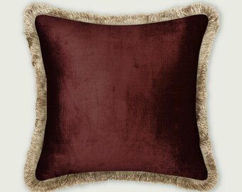 Brown Velvet Cushion Cover with Fringe | Designer Decorative Pillow, Modern Home Decor