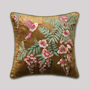 Premium Velvet Pillow Embroidered Silk Thread Luxury Cushion Handcrafted Quality Hummingbird Design Botanical Motif Pattern Spiral Border Piping Elegant Home Accent Living Room Decoration Bedroom Styling Accessory Designer Collection Piece