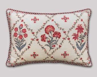 Decorative Pillow Cover, Floral Lumbar Cushion, Handmade Cotton Pillow, Boho Linen Pillow Cover, Designer Throw Pillow for Living Room Decor