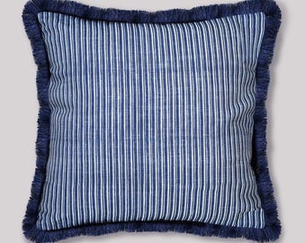 Striped Cushion Cover with Fringe | Coastal Throw Pillow | Hamptons Decor Blue and White Stripe Pillow Case | 18x18 Modern Farmhouse Accent