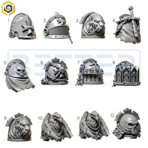 May include: Twelve grey miniature helmet designs are shown, each with distinct features. Designs include a lion's head, a skull, a cross, and an eagle. These detailed models are likely for tabletop gaming or model building.