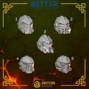 May include: Five grey, futuristic helmet designs, each with unique features such as visors, vents, and protective elements. The image includes the text "BETTER GAMES AND HOBBIES" and "GREYTIDE STUDIO".