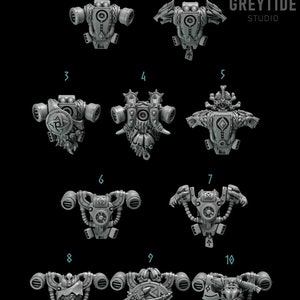 May include: Ten different 3D printed designs for backpacks, featuring various styles and details, including wings, horns, and shields. The designs are numbered 1 through 10.